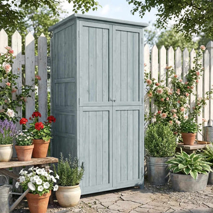 Gartenschrank aus Holz mit Ablagen und Haken, Grau