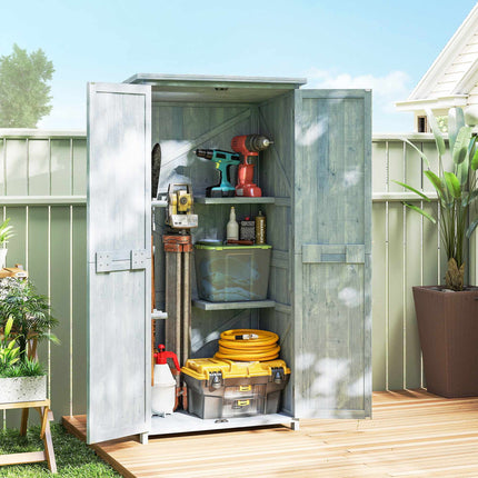 Gartenschrank aus Holz mit Ablagen und Haken, Grau
