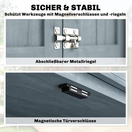 Gartenschrank aus Holz mit Ablagen und Haken, Grau
