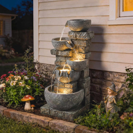 Gartenbrunnen für draußen mit 5-stufigem Wasserfall und LEDs