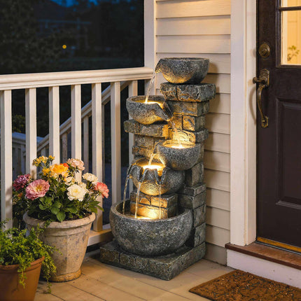 Gartenbrunnen für draußen mit 5-stufigem Wasserfall und LEDs