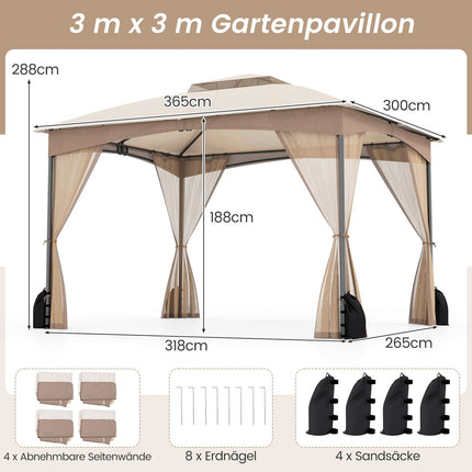 Gartenpavillon 3,6 x 3 m mit Moskitonetz & Sandsäcken