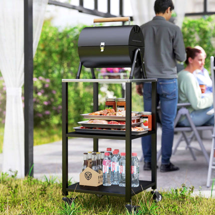 Buitengrillwagen, 3-laags, roestvrij staal, verrijdbaar, 50x50x90 cm