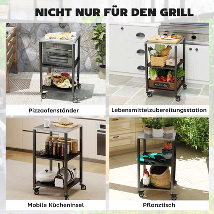 Buitengrillwagen, 3-laags, roestvrij staal, verrijdbaar, 50x50x90 cm