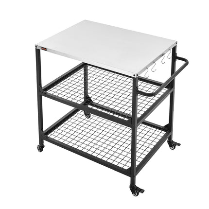 Outdoor Grill Cart, Stainless Top, 2 Mesh Shelves, Wheels