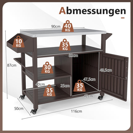 Outdoor-Grillwagen mit Edelstahlplatte, Ablagen, Schrank