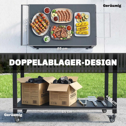 Outdoor-Grillwagen mit Rädern, 2-stufig, Schwarz, 113x50.5x88 cm