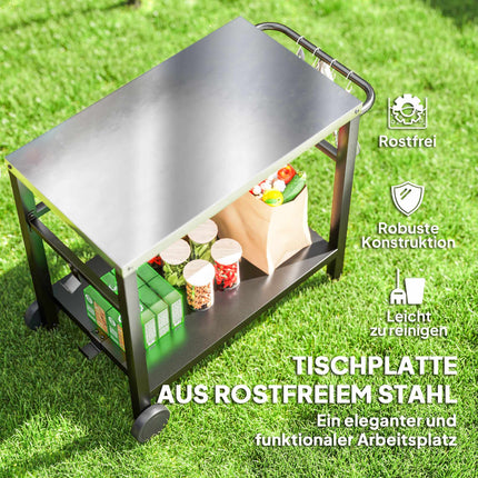 Outdoor Grill Table with Stainless Steel Top and Wheels