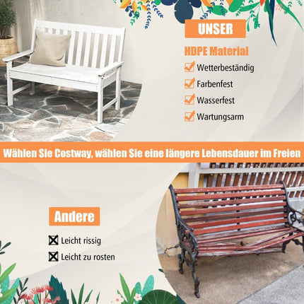 Venkovní zahradní lavice HDPE, odolná vůči počasí, pro 2-3 osoby, bílá
