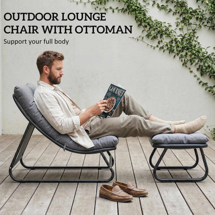 Outdoor Lounge Chair Set with Footstool, Dark Grey, 120kg Capacity