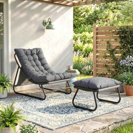 Outdoor Lounge Chair Set with Footstool, Dark Grey, 120kg Capacity