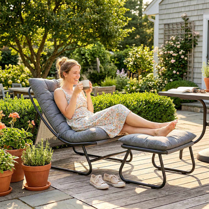 Outdoor Lounge Chair Set with Footstool, Dark Grey, 120kg Capacity