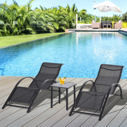 Outdoor Lounge Set, 2 Recliners & Side Table, Black Fabric