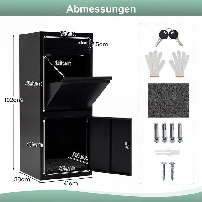 Paketbriefkasten mit Einwurfschlitz, diebstahlsicher, aus schwarzem Stahl