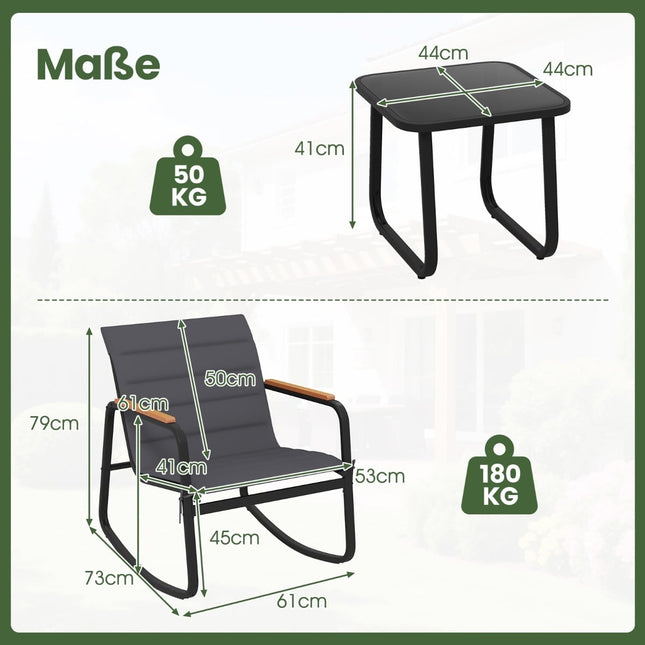 Terrassenmöbel-Set mit 2 Schaukelstühlen & Glastisch