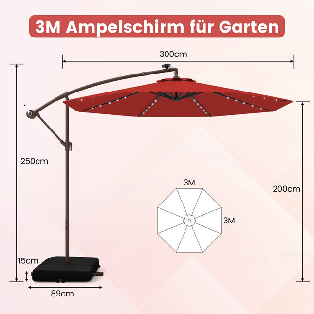 Gartenschirm mit Solar-LED-Beleuchtung, 3 m, Rot