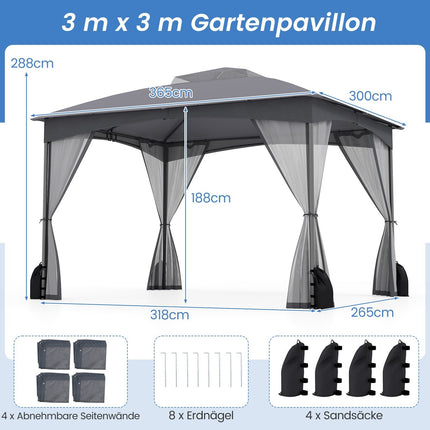 Outdoor Pavilion 3.6 x 3 m, Mosquito Net, Waterproof, Gray
