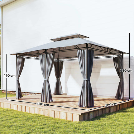 Gartenpavillon mit Vorhängen, belüftetem Dach, dunkelgrau