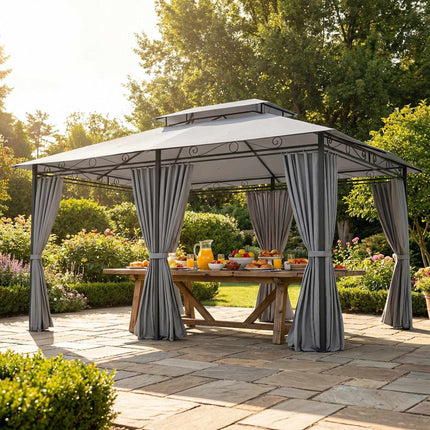 Gartenpavillon mit Vorhängen, belüftetem Dach, dunkelgrau