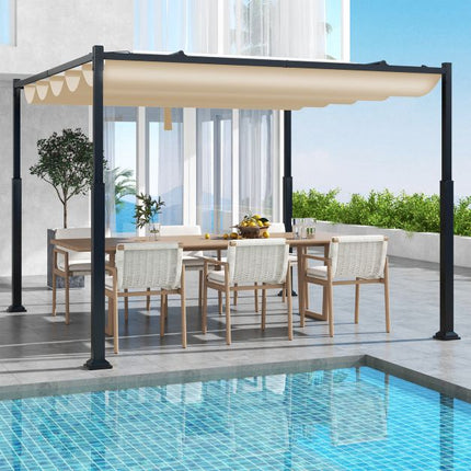 Outdoor Pergola 10x10 Ft, Retractable Canopy, Beige