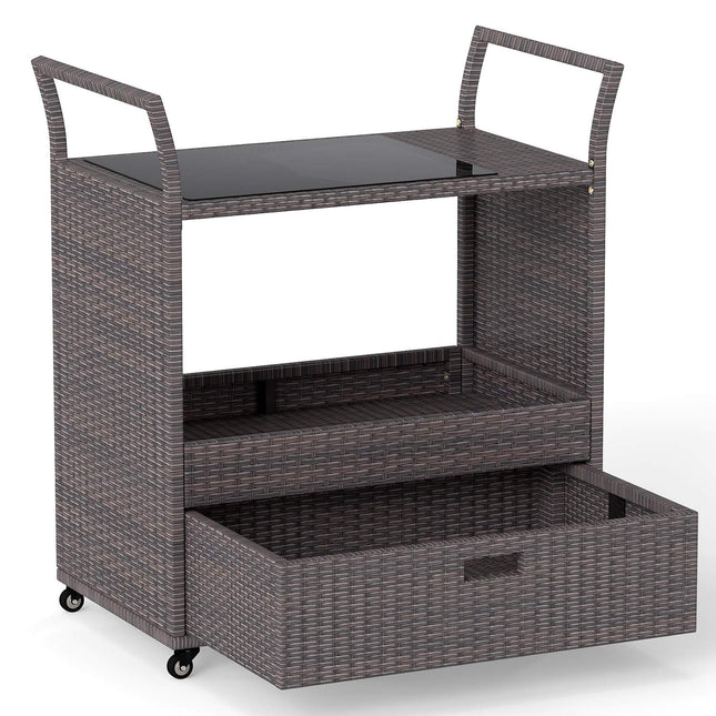 Outdoor-Rattan-Servierwagen mit Glasplatte und Stauraum