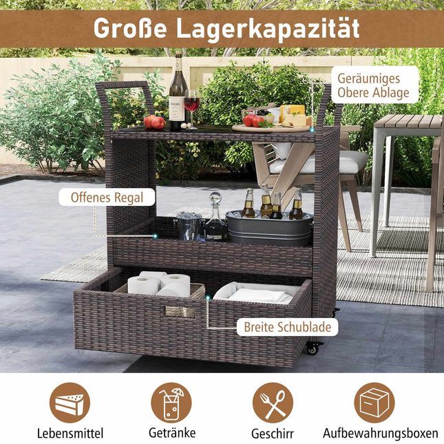 Outdoor-Rattan-Servierwagen mit Glasplatte und Stauraum