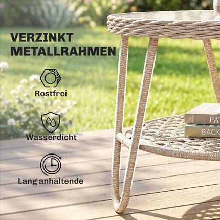 Outdoor-Rattan-Couchtisch, 2-stufig, Glasplatte, verstellbare Füße