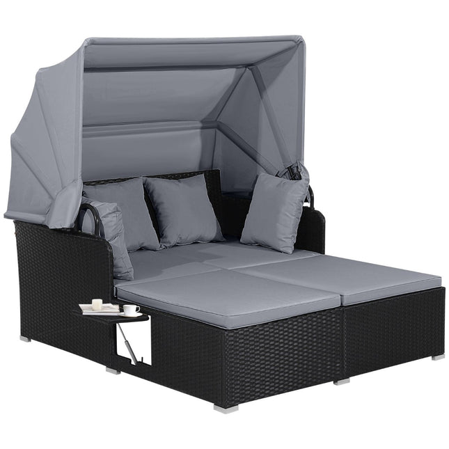 Outdoor-Rattan-Tagesbett für 2 Personen mit Verdeck und Ablagen