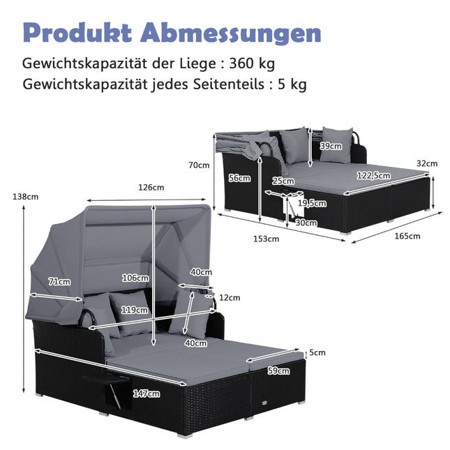 Outdoor-Rattan-Tagesbett für 2 Personen mit Verdeck und Ablagen