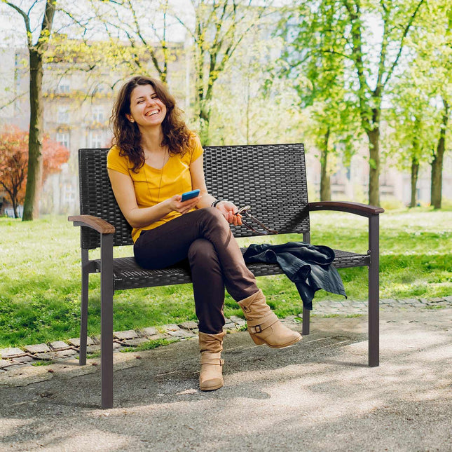 Outdoor Rattan-Loveseat-Bank, Akazienarmlehnen, 114 cm