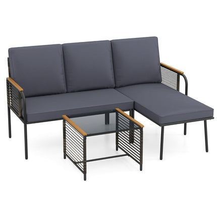 Garten-Rattan-Sofa-Set mit Kissen und Glastisch