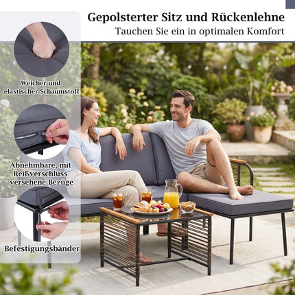 Garten-Rattan-Sofa-Set mit Kissen und Glastisch