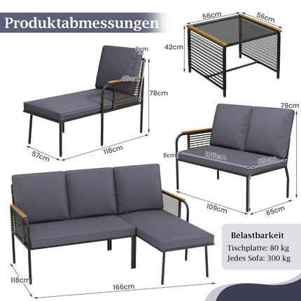 Garten-Rattan-Sofa-Set mit Kissen und Glastisch