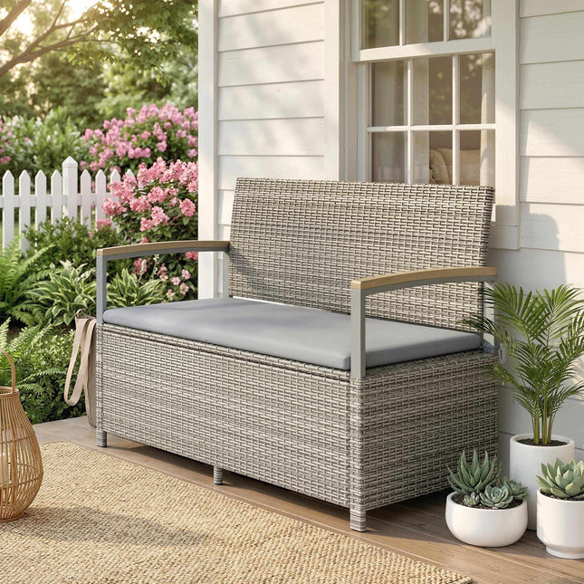 Rattan-Aufbewahrungsbank für draußen, 2-Sitzer, 170 L Fassungsvermögen