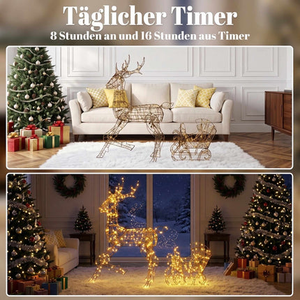 Outdoor Reindeer and Sleigh Christmas Lights, 2 Pieces, 175 LEDs, 8 Modes, Timer