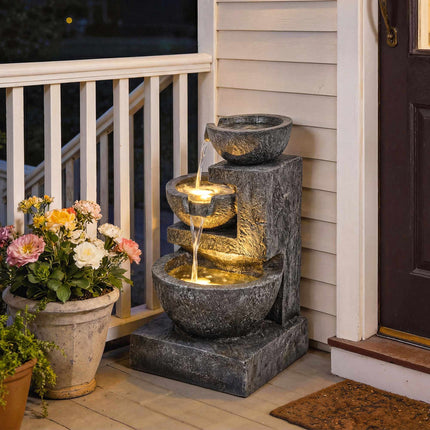 Outdoor Resin Fountain with Adjustable LED Lights, 3-Tier Design