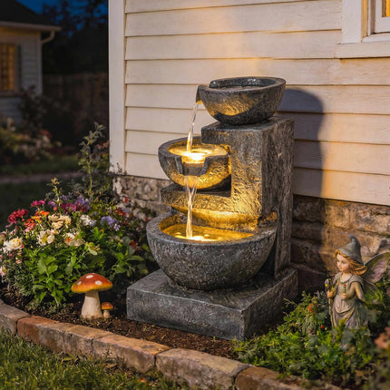 Outdoor Resin Fountain with Adjustable LED Lights, 3-Tier Design