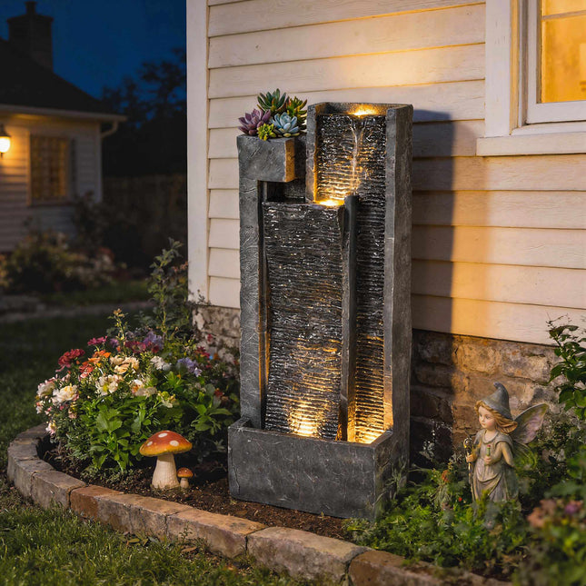 Gartenbrunnen aus Kunstharz mit Pflanzgefäß und LED-Beleuchtung