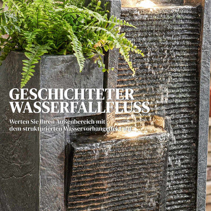 Gartenbrunnen aus Kunstharz mit Pflanzgefäß und LED-Beleuchtung