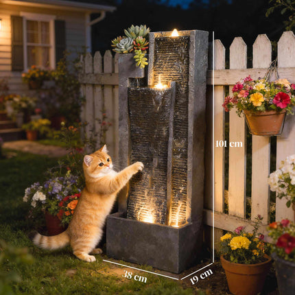 Gartenbrunnen aus Kunstharz mit Pflanzgefäß und LED-Beleuchtung
