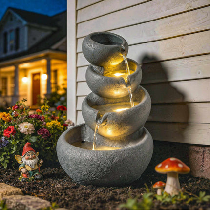 Outdoor Resin Water Fountain with LED Lights, 4-Tier