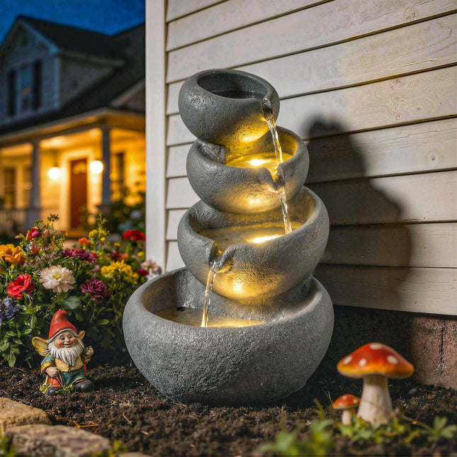 Outdoor-Harz-Springbrunnen mit LED-Beleuchtung, 4-stöckig