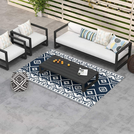 Tapis d'extérieur réversible en plastique avec sac de transport, déperlant, pour le camping, bleu foncé + blanc, 182 x 274 cm