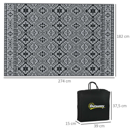 Buitentapijt, Waterafstotend Plastic Vloerkleed, Omkeerbaar, Voor Kamperen En Terras, Zwart+Grijs, 182X274Cm