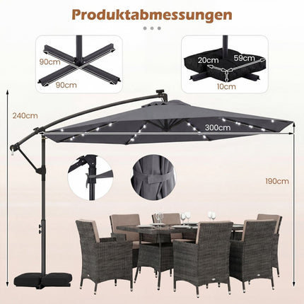 Outdoor Solar LED Umbrella, 360 Rotating, Grey, 300x240 cm