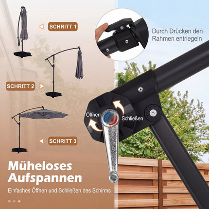 Outdoor Solar LED Umbrella, 360 Rotating, Grey, 300x240 cm