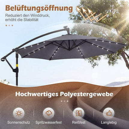 Outdoor Solar LED Umbrella, 360 Rotating, Grey, 300x240 cm