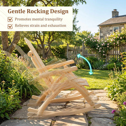 Outdoor Solid Wood Rocking Chair with High Backrest, Slatted Base, Natural
