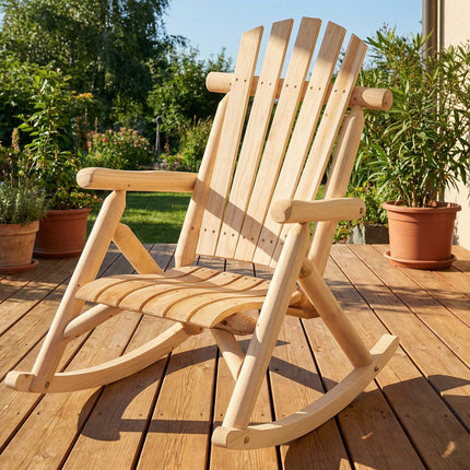 Outdoor Solid Wood Rocking Chair with High Backrest, Slatted Base, Natural