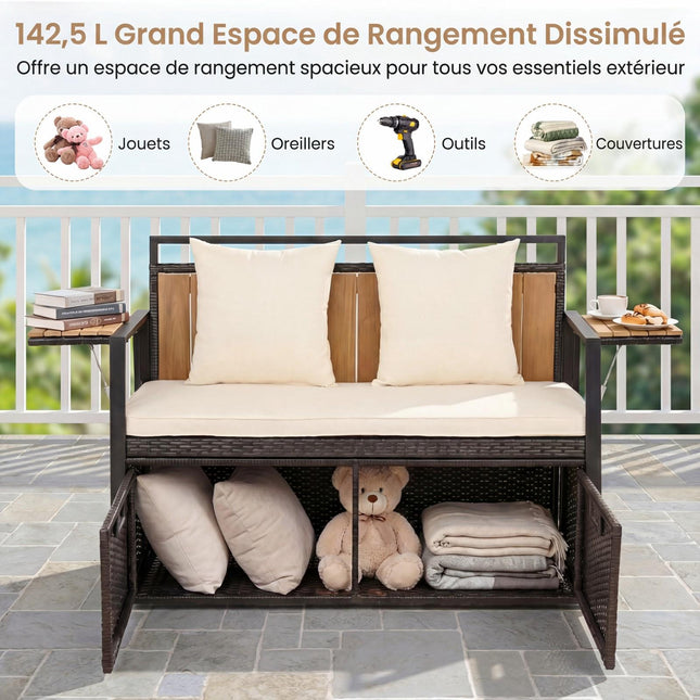 Outdoor-Sitzbank mit Stauraum, 2-Sitzer, PE-Rattan, 142,5 l